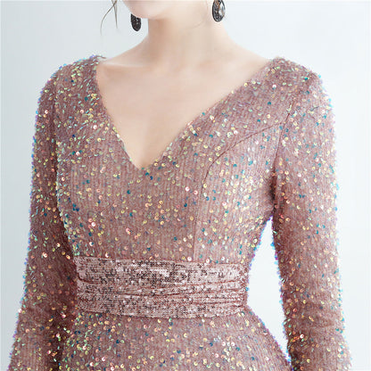 Split Long Sleeve Sequin Formal Dress