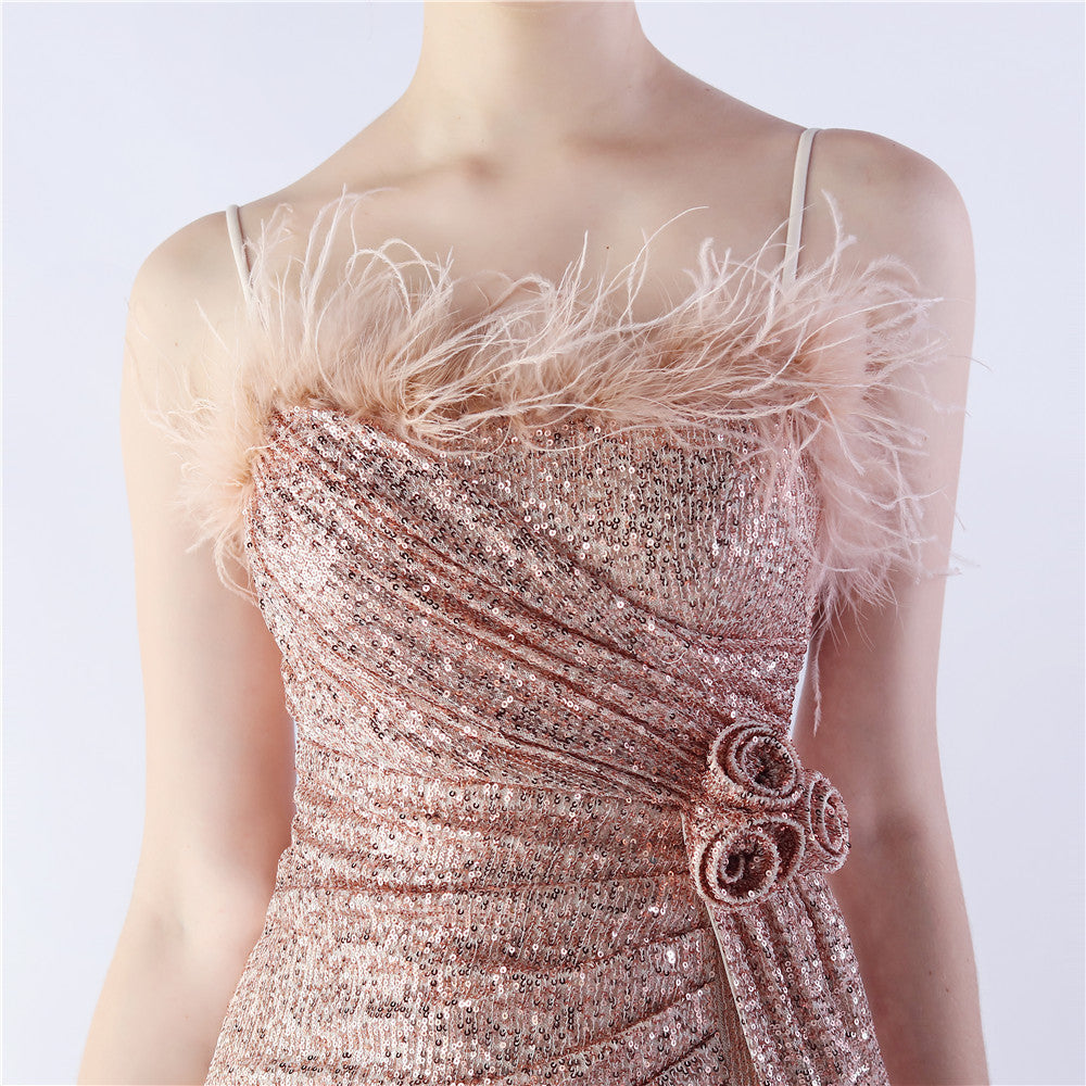 Fur Crafted Flower Formal Dress