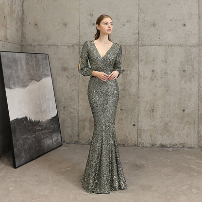 Sleeve Sequin Formal Dress