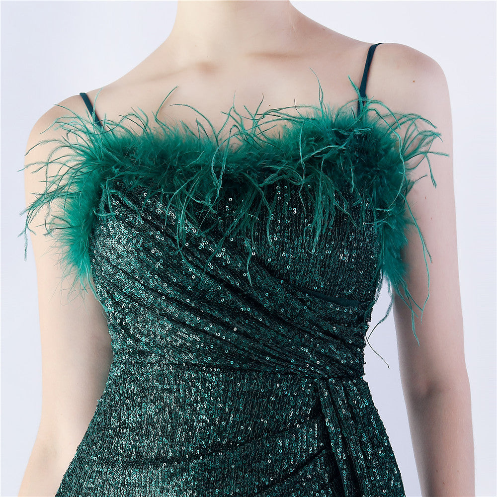 Ostrich Beaded Side Split Formal Dress