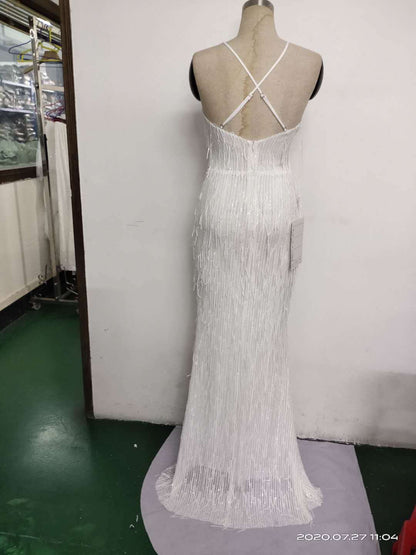 Silk Thread Fringe Beaded Formal Dresses