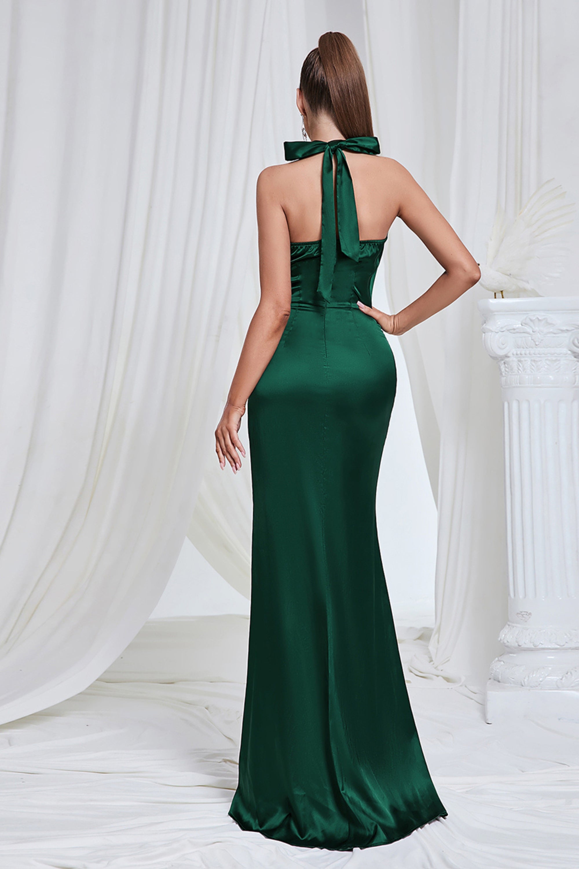 Satin bow split maxi dresses in green