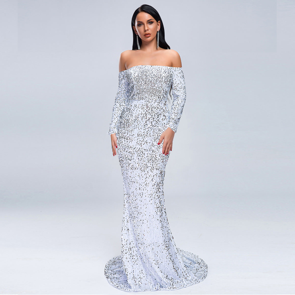 karry off shoulder long sleeve sequin bodycon maxi dress