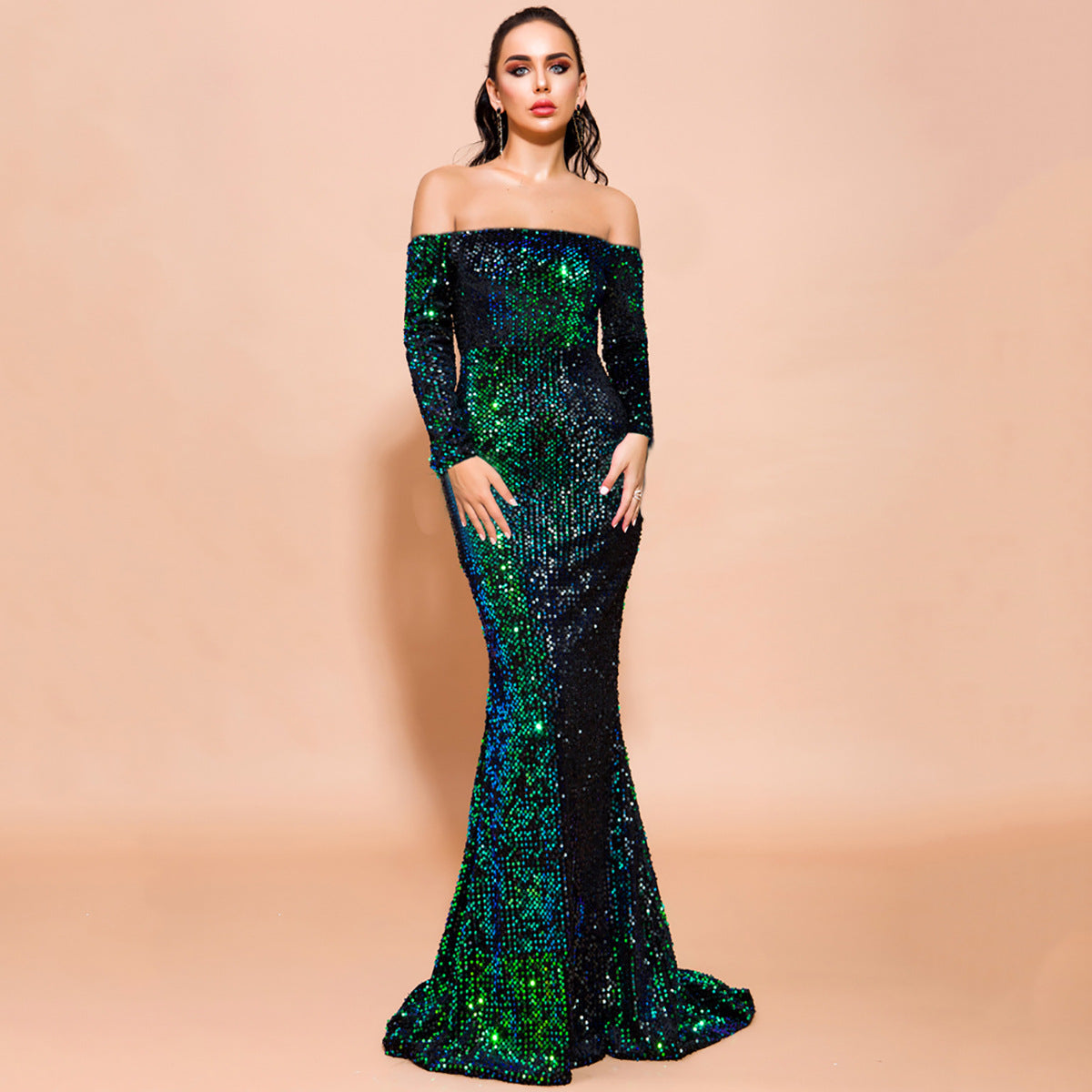 karry off shoulder long sleeve sequin bodycon maxi dress