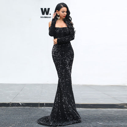 karry off shoulder long sleeve sequin bodycon maxi dress