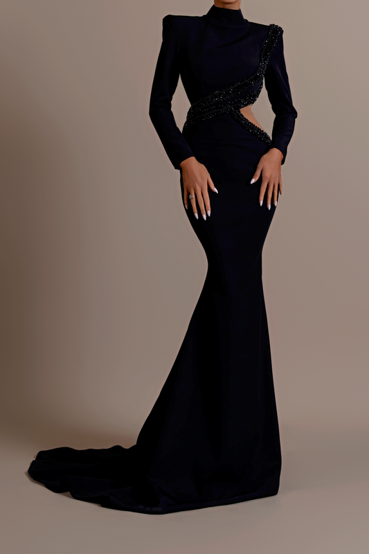 abito lungo aderente con fasciatura a diamante e cut-out di Angela in nero