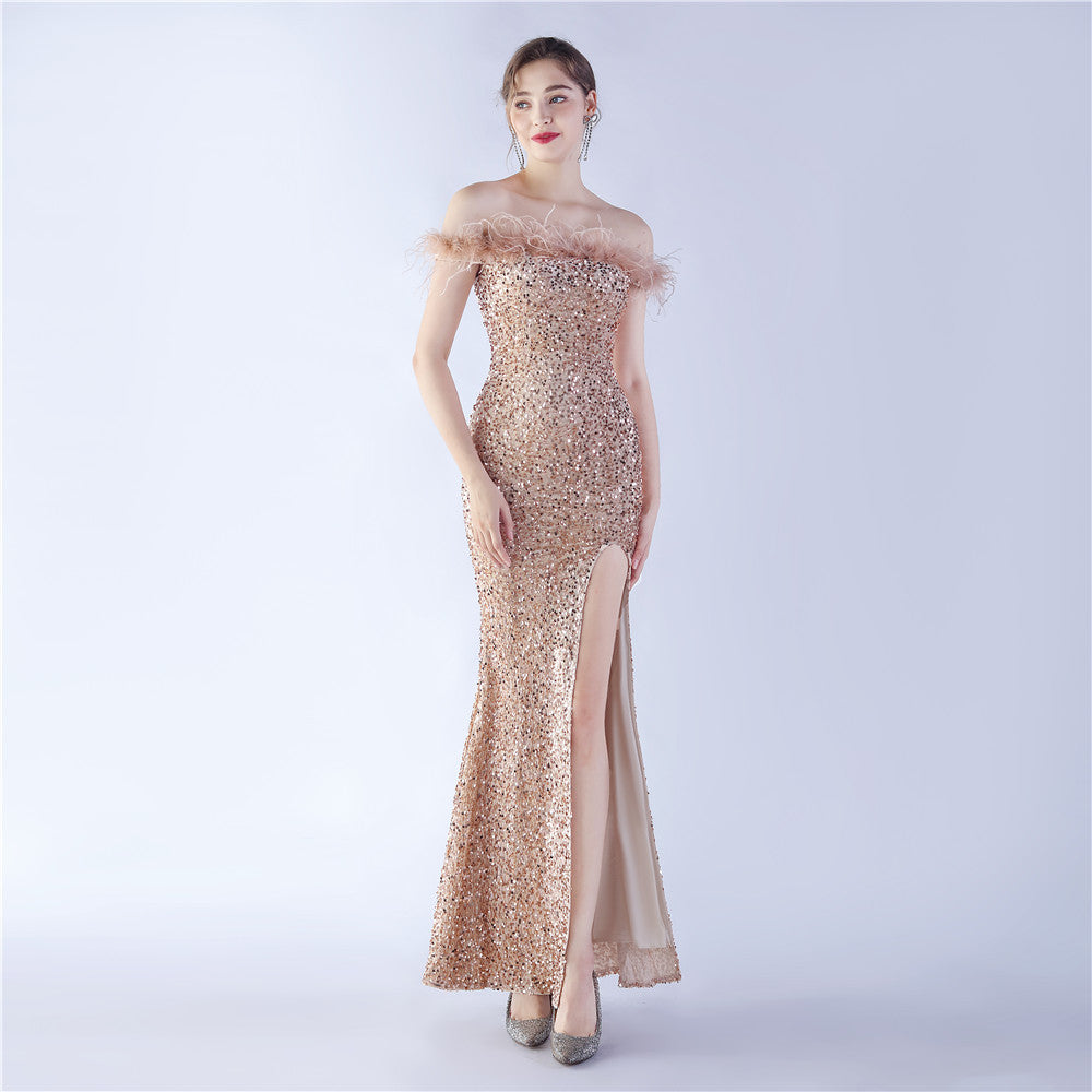 Fur One Shoulder Formal Dress