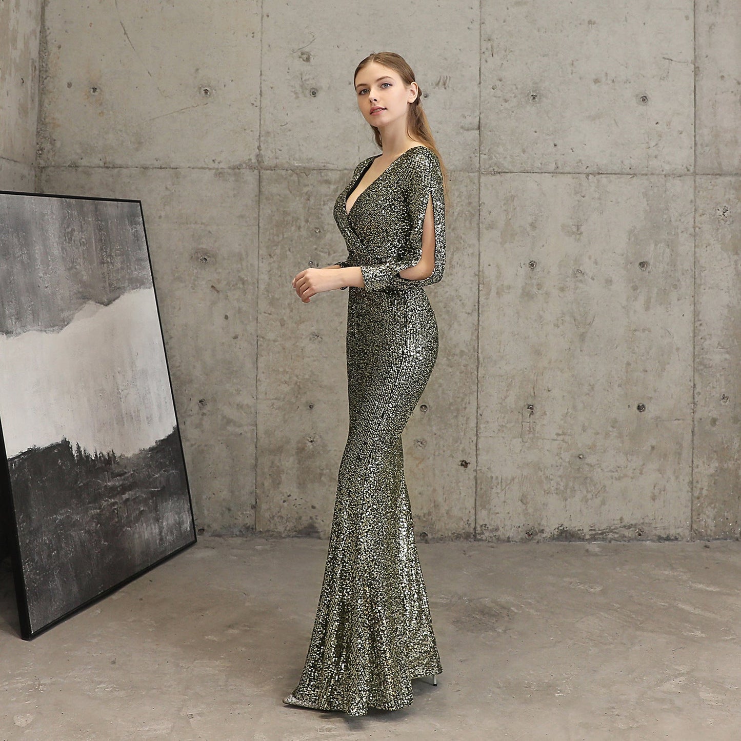Sleeve Sequin Formal Dress