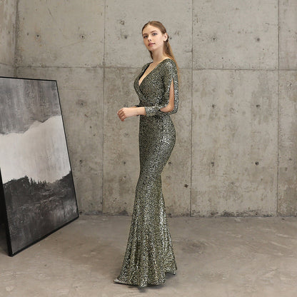 Sleeve Sequin Formal Dress
