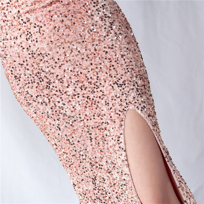 Velvet-backed hand-beaded formal dress