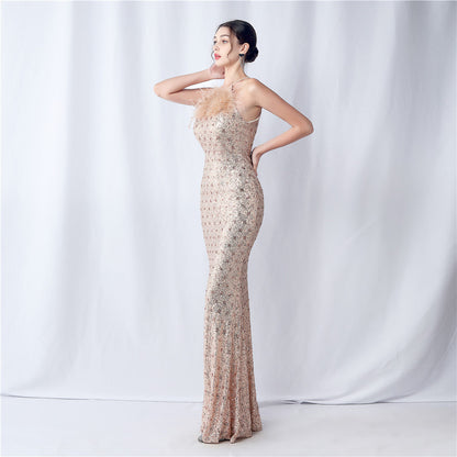 Camel hair and lattice beaded formal dresses