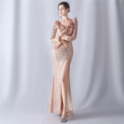 Ostrich Wave Beaded Formal Dress