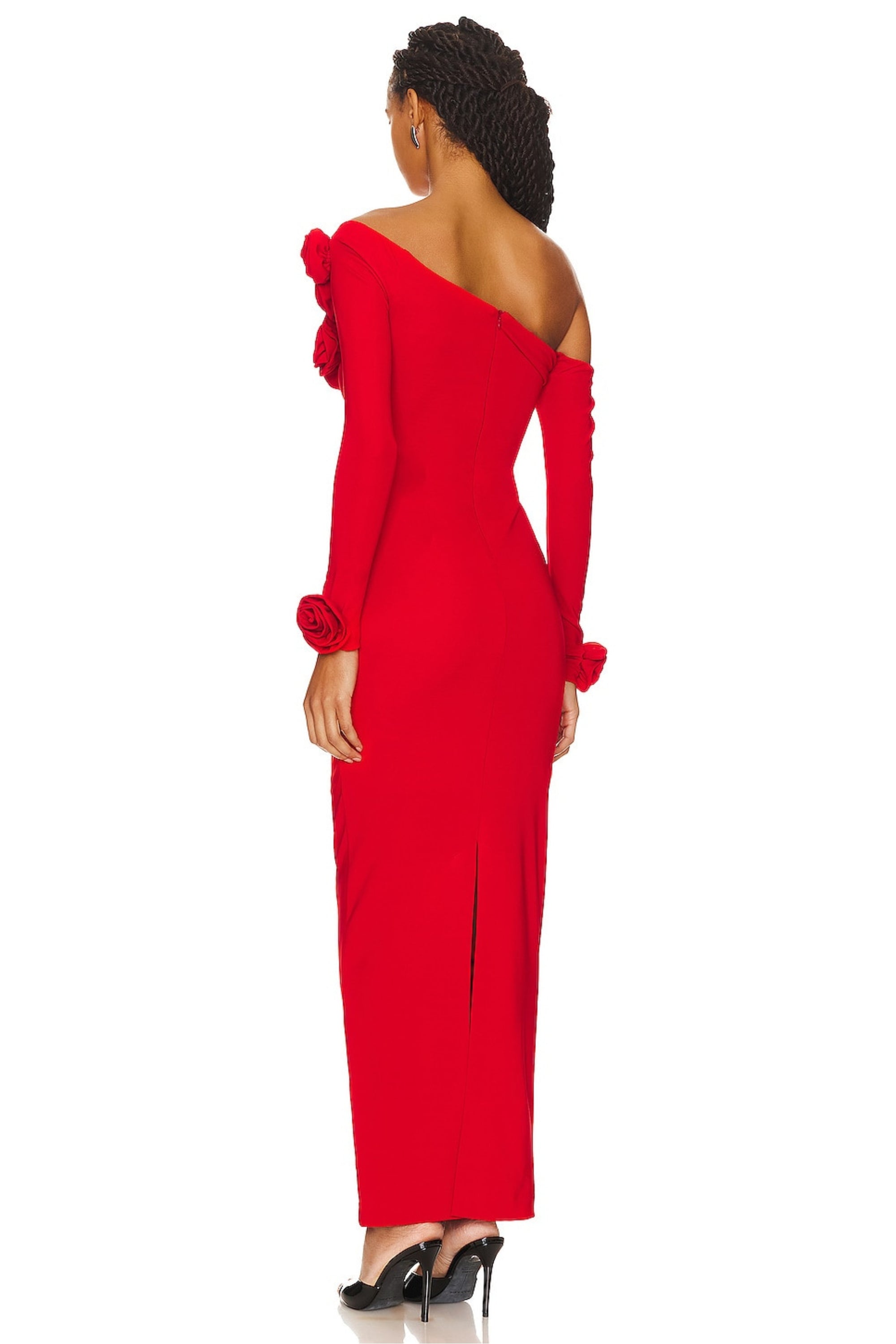 off-shoulder flower embellished Gathered maxi Dress in red