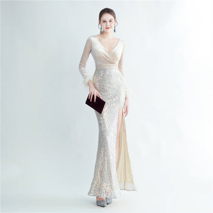 Ostrich Beaded Velvet Side Split Formal Dress