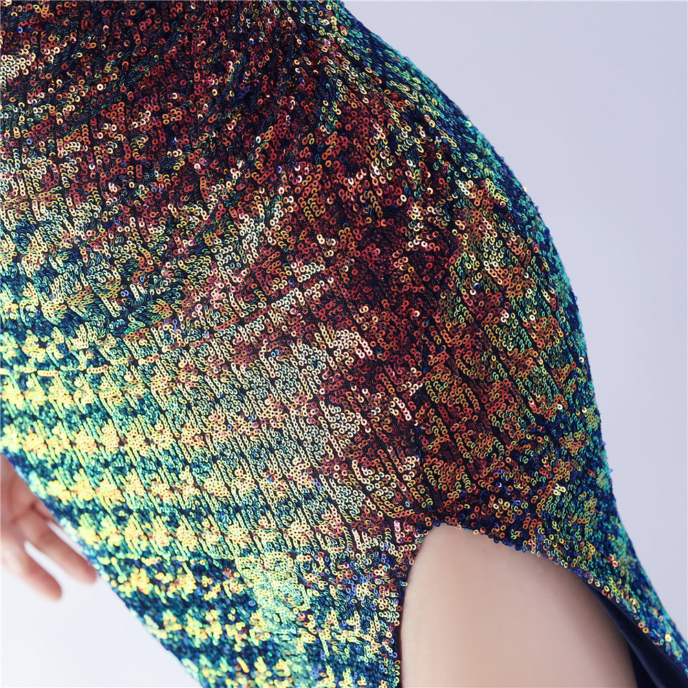 Fur Sequin One Shoulder Formal Dress