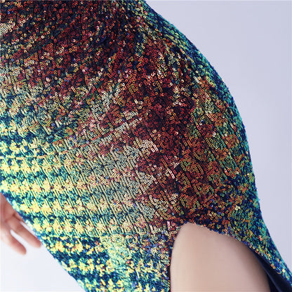 Fur Sequin One Shoulder Formal Dress