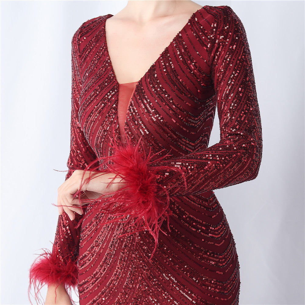 Ostrich Fur Long Sleeve Formal Dress
