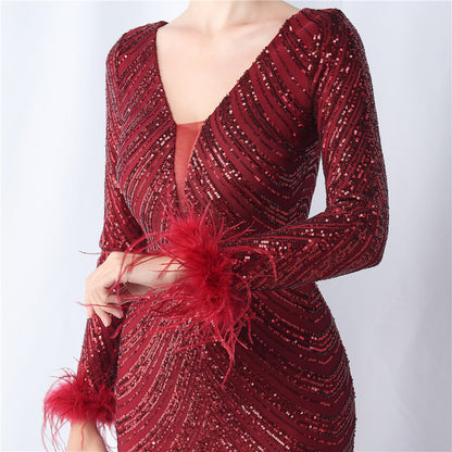Ostrich Fur Long Sleeve Formal Dress