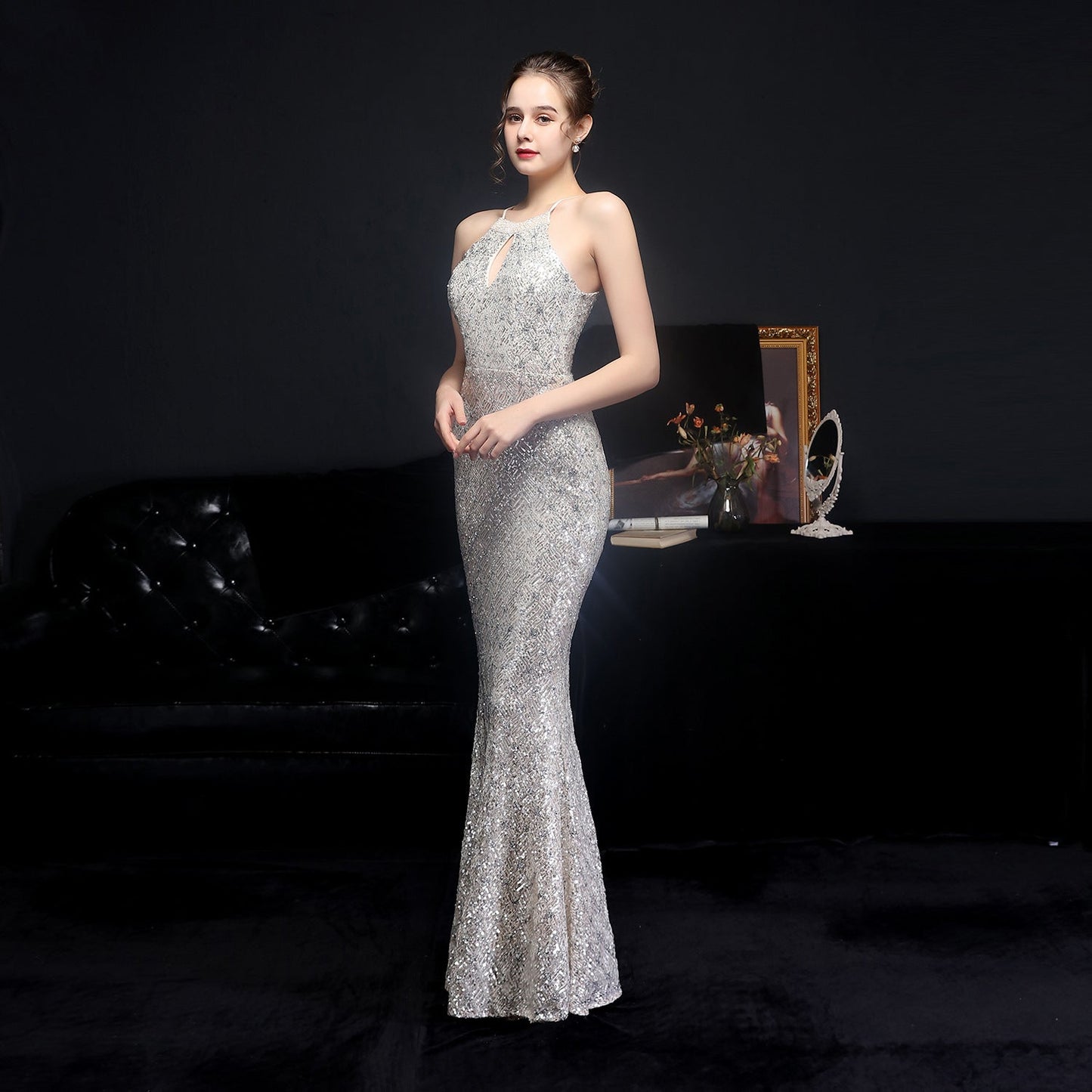 Long Neck Stapled Formal Dresses