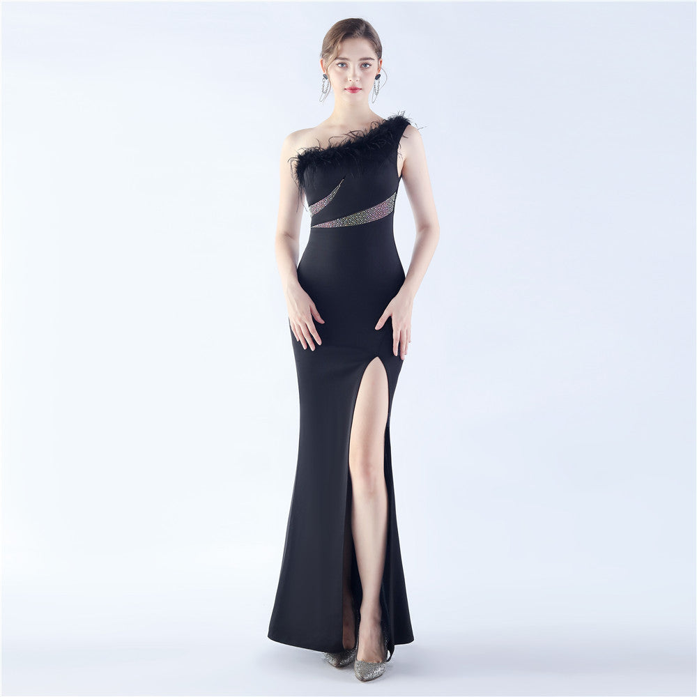 Fur Rhinestone Formal Dress