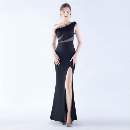 Fur Rhinestone Formal Dress