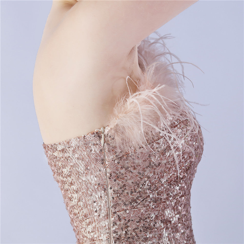 Ostrich Fur One-Shoulder Slant Neck Beaded Maxi Formal Dress