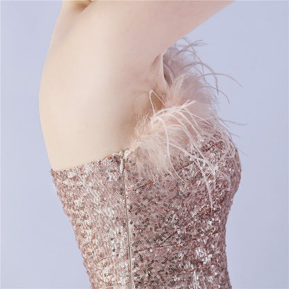 Ostrich Fur One-Shoulder Slant Neck Beaded Maxi Formal Dress
