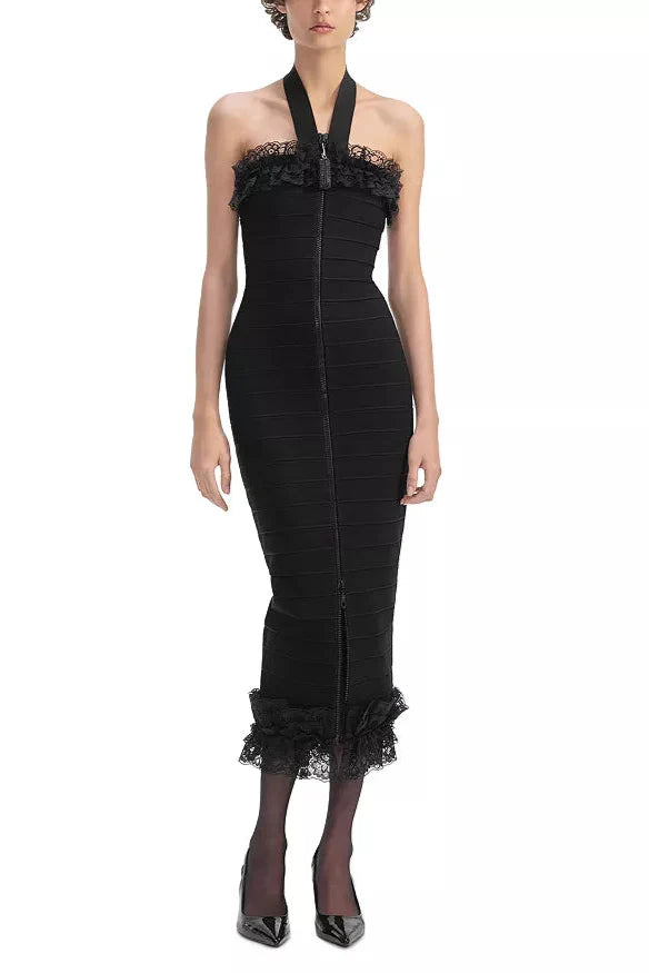 Knit Zip Ruffle Midi Dress in black