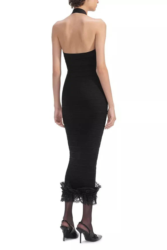 Knit Zip Ruffle Midi Dress in black