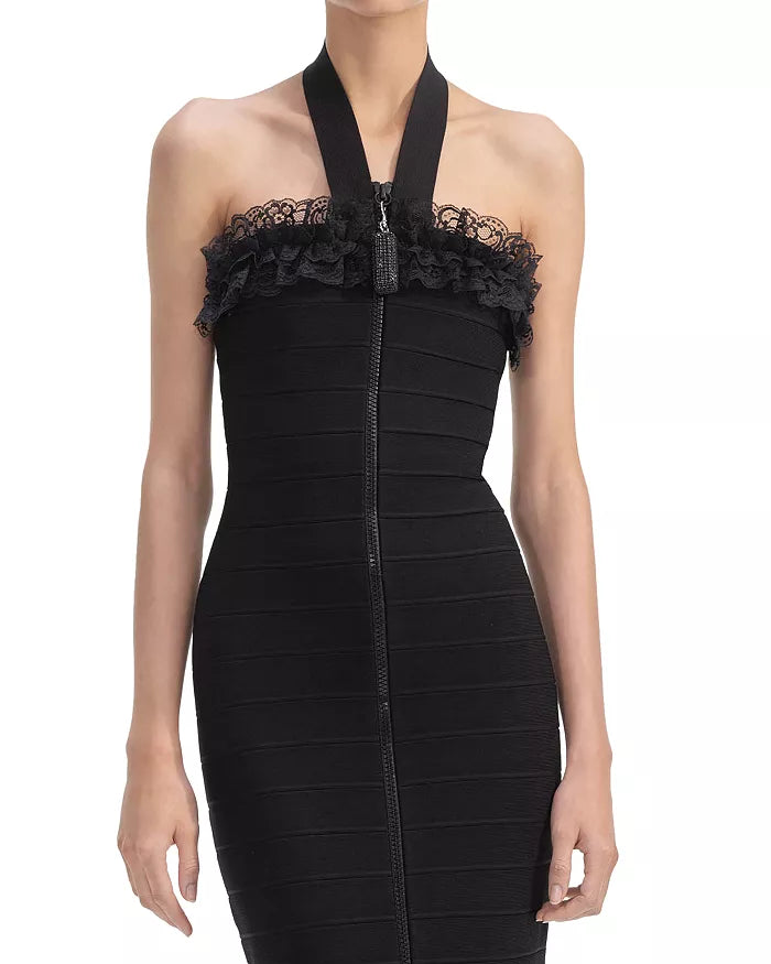 Knit Zip Ruffle Midi Dress in black