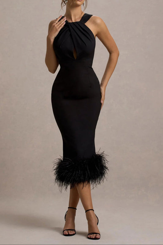 ジェニー ブラック ツイストネック フェザーヘム ミディドレス