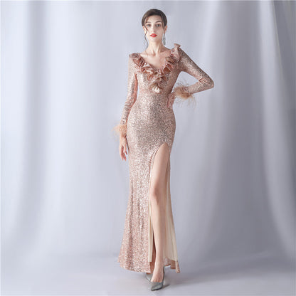 Ostrich Wave Beaded Formal Dress