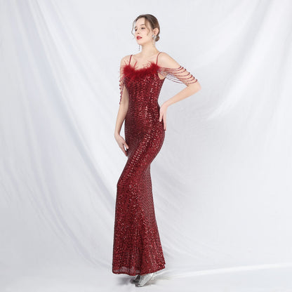 Ostrich Fur Illusion Beaded Formal Dress