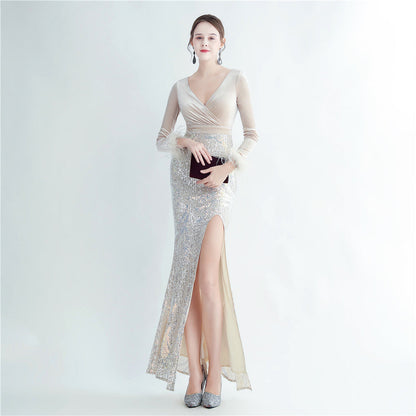 Ostrich Beaded Velvet Side Split Formal Dress