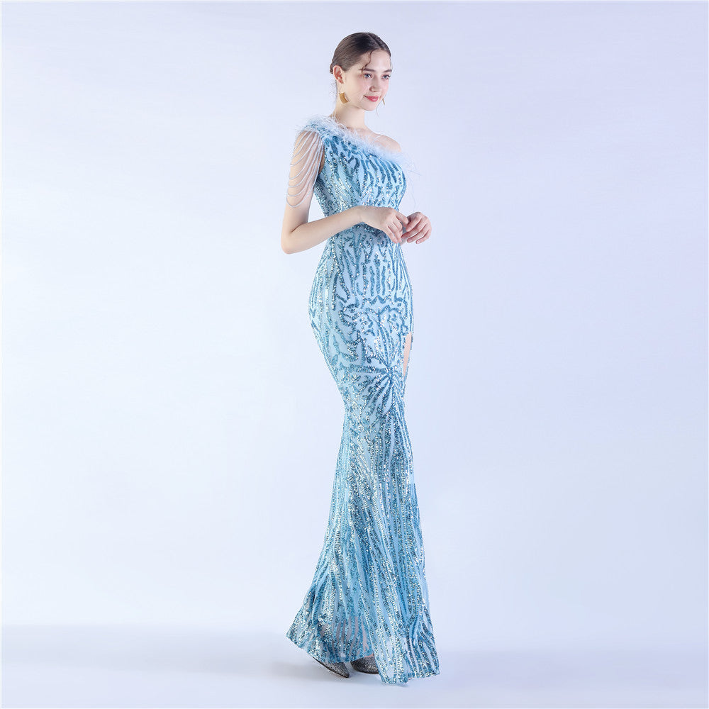 Fur Slant Neck One Shoulder Formal Dress