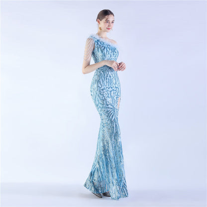 Fur Slant Neck One Shoulder Formal Dress