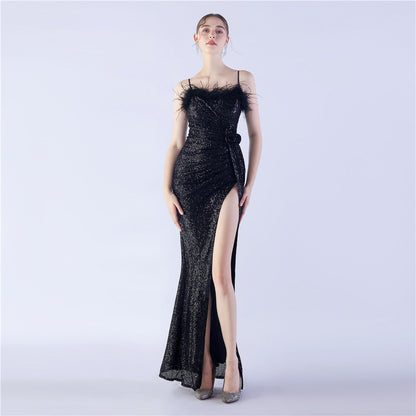Fur Crafted Flower Formal Dress