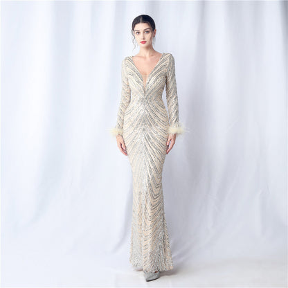 Ostrich Fur Long Sleeve Formal Dress