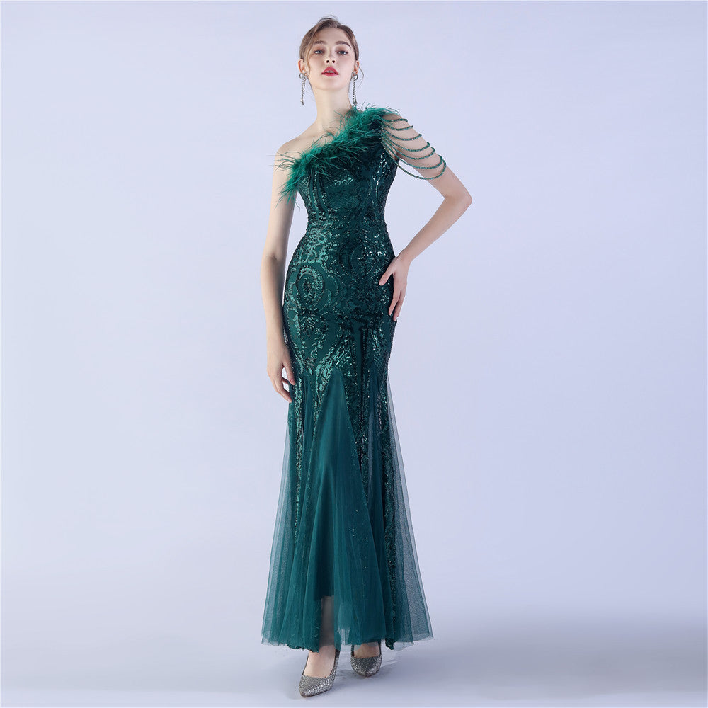 Beaded and Ostrich Fur Sequined Formal Dress