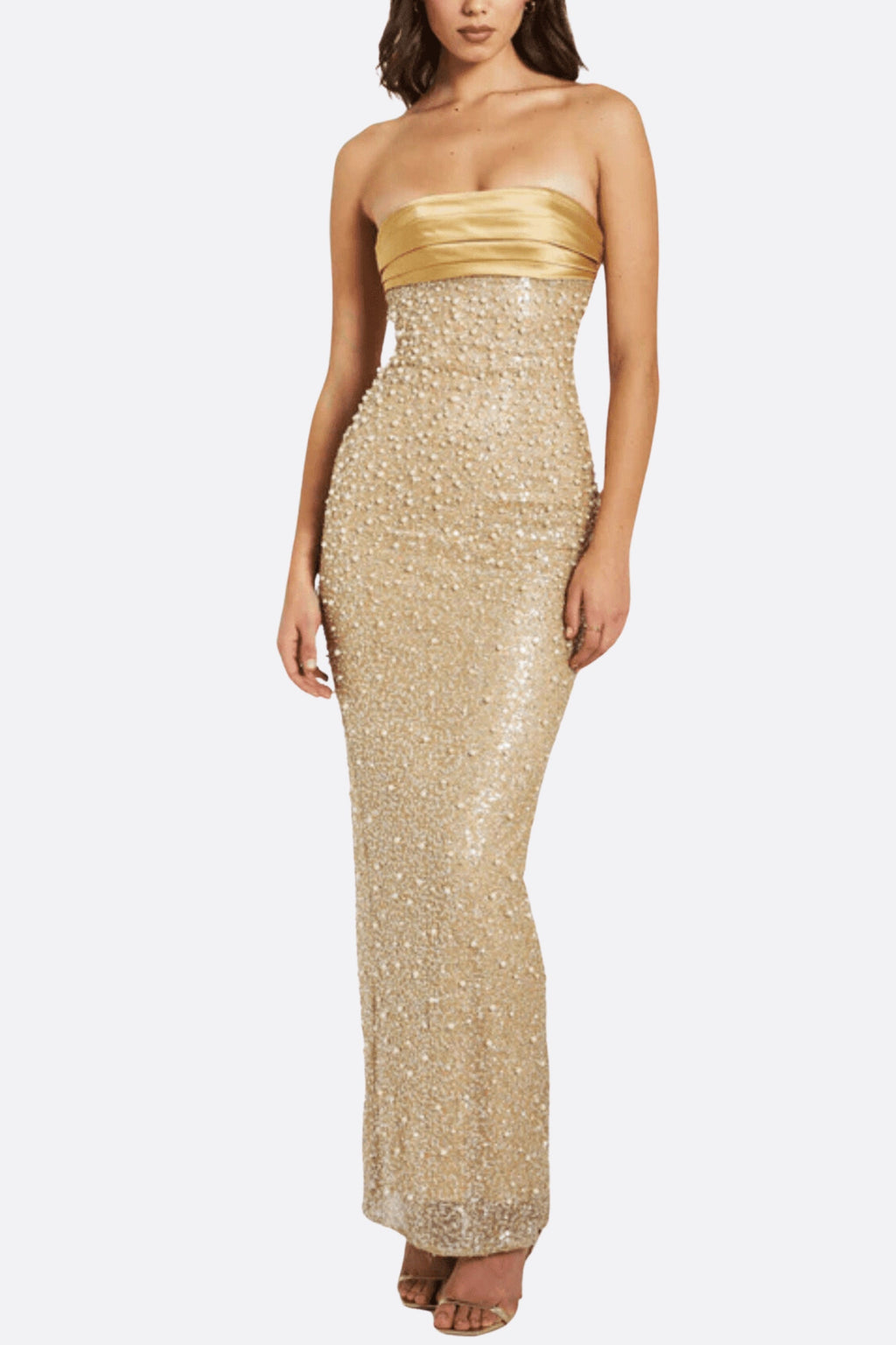 GOLD SATIN SEQUIN PEARLS BEADED MAXI DRESS