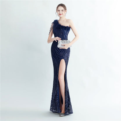 Fur Layered Beaded Formal Dress