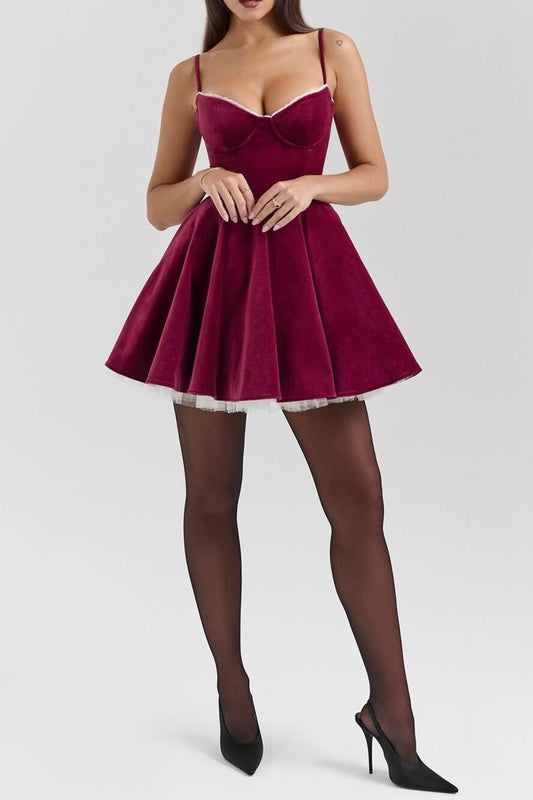 ベルベットのストラップ付きミニドレス（赤）