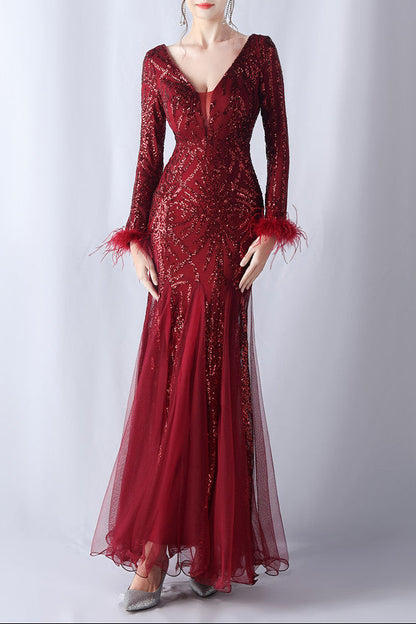 Ostrich Fur Mesh Beaded Formal Dresses