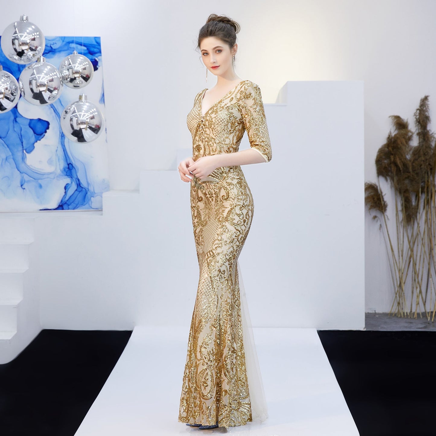 Neck Sequin Formal Dress