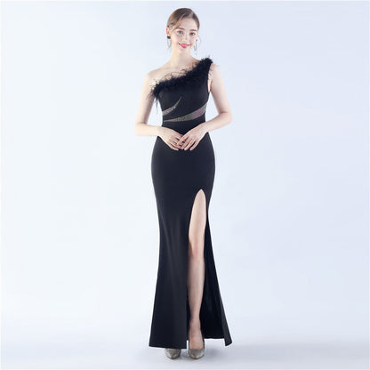 Fur Rhinestone Formal Dress