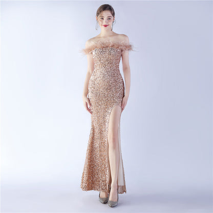Fur One Shoulder Formal Dress