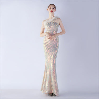 Ostrich Fur One-Shoulder Slant Neck Beaded Maxi Formal Dress