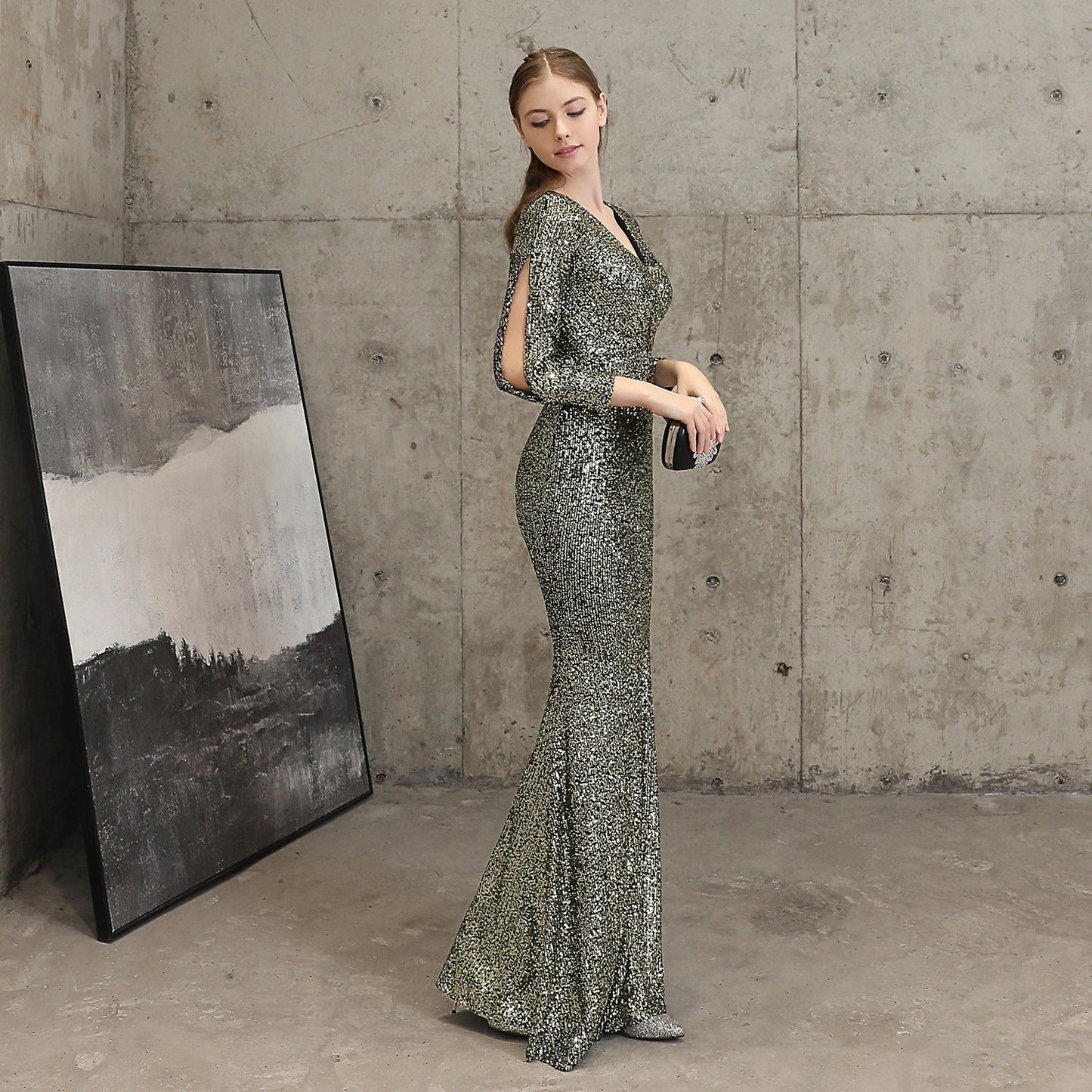 Sleeve Sequin Formal Dress