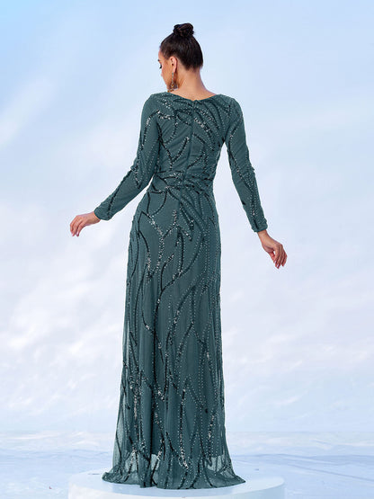 A-Line Long Sleeve Sequin Black Dress