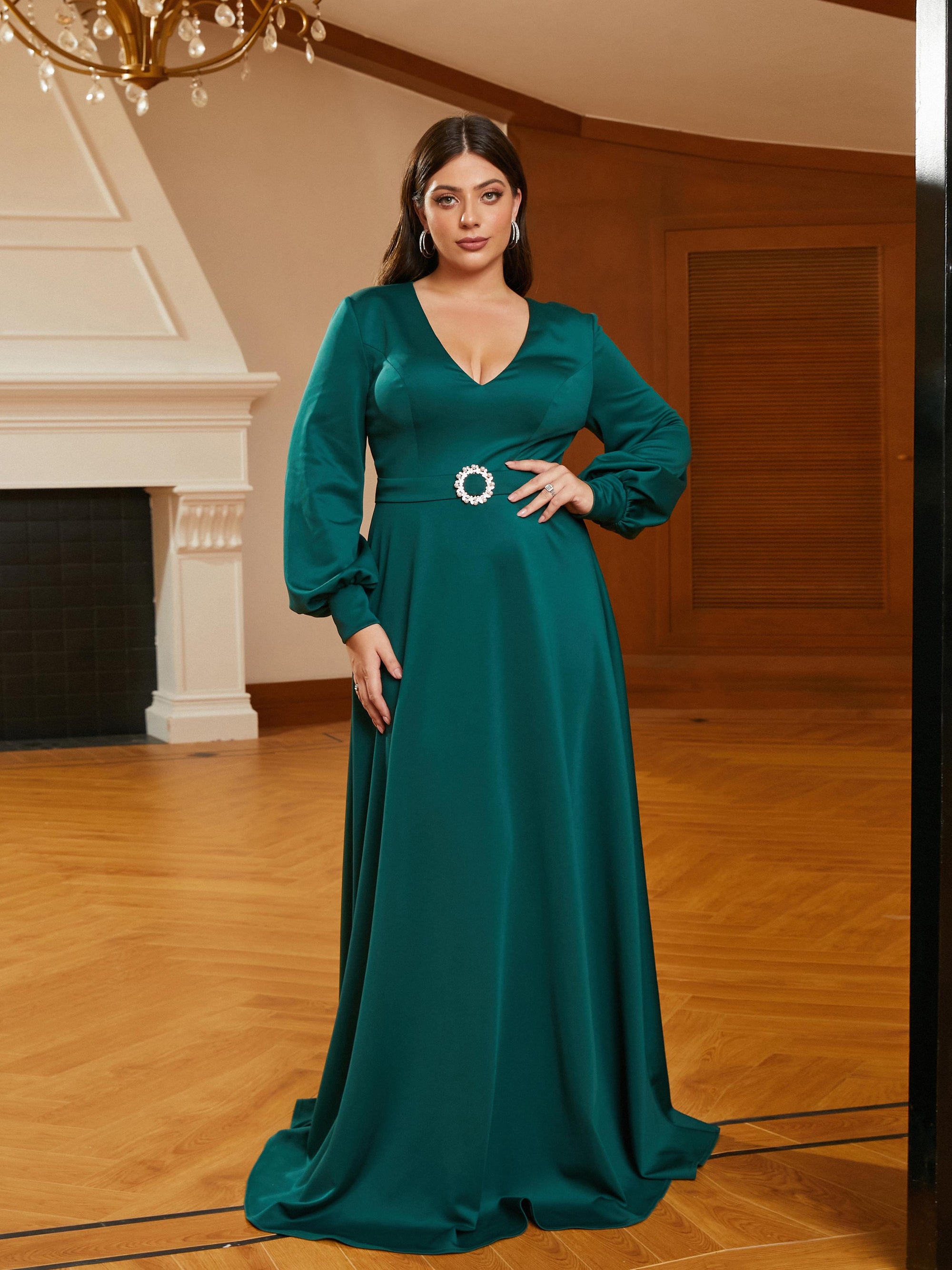 Plus Size V-neck A-line Belt Green Wedding Guest Dress